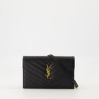 black wallet, Saint Laurent accessory, grained leather wallet, designer wallet, chain wallet