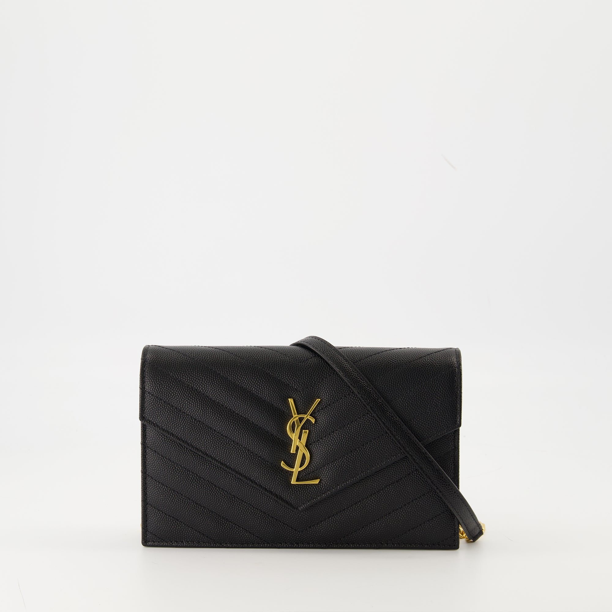 black wallet, Saint Laurent accessory, grained leather wallet, designer wallet, chain wallet