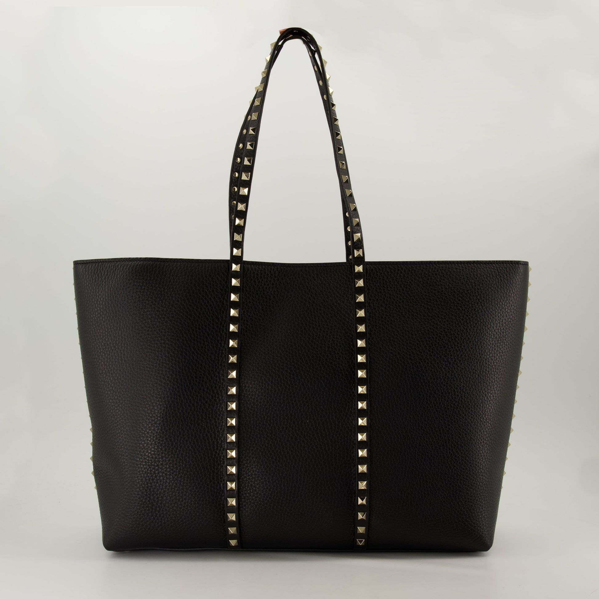 black leather tote, metal studs bag, calf leather handbag, platinum Rockstud, designer tote bag