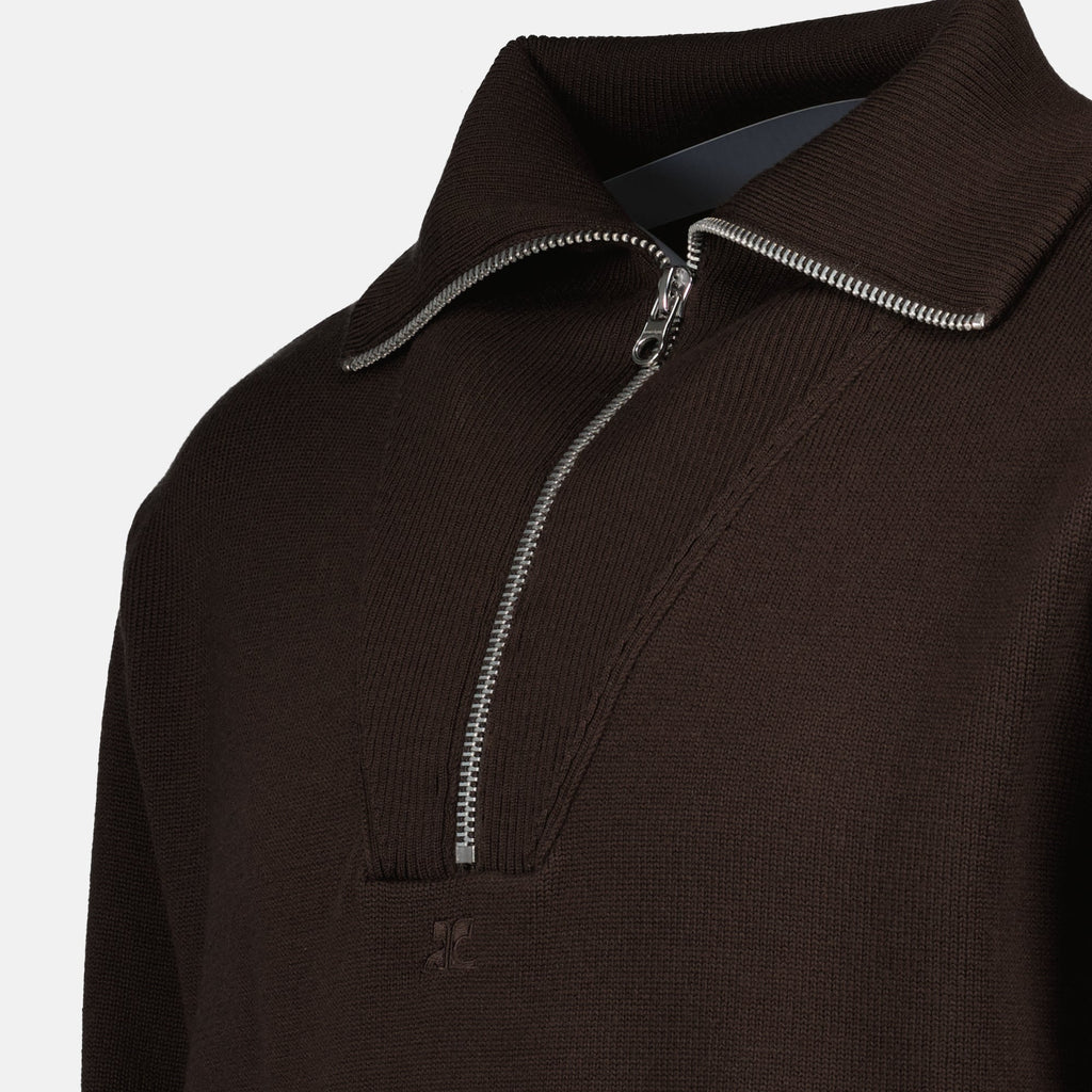 Image of Brown Turtleneck Sweater with Zip by Courreges for Men - Season Autumn-Winter 2024 - Detail View 5