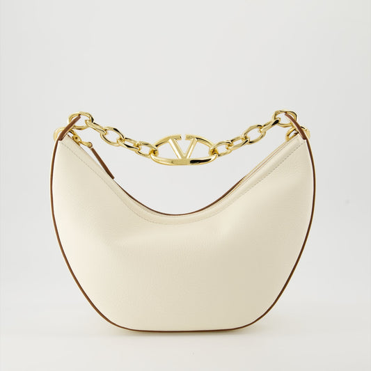 Valentino, VLogo Moon Hobo, luxury handbag, white leather bag, gold chain handle