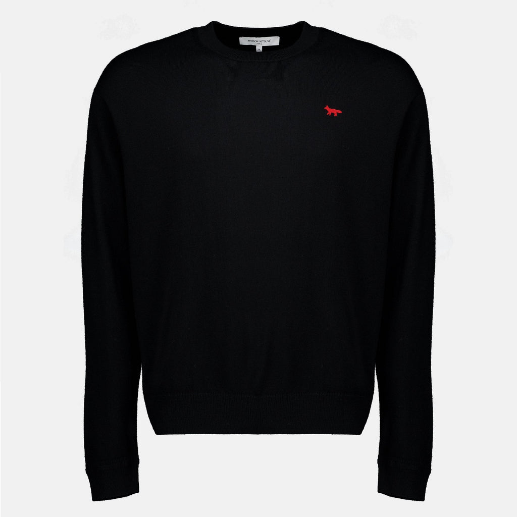 Pull en Laine Noir à Col Rond - Maison Kitsuné
