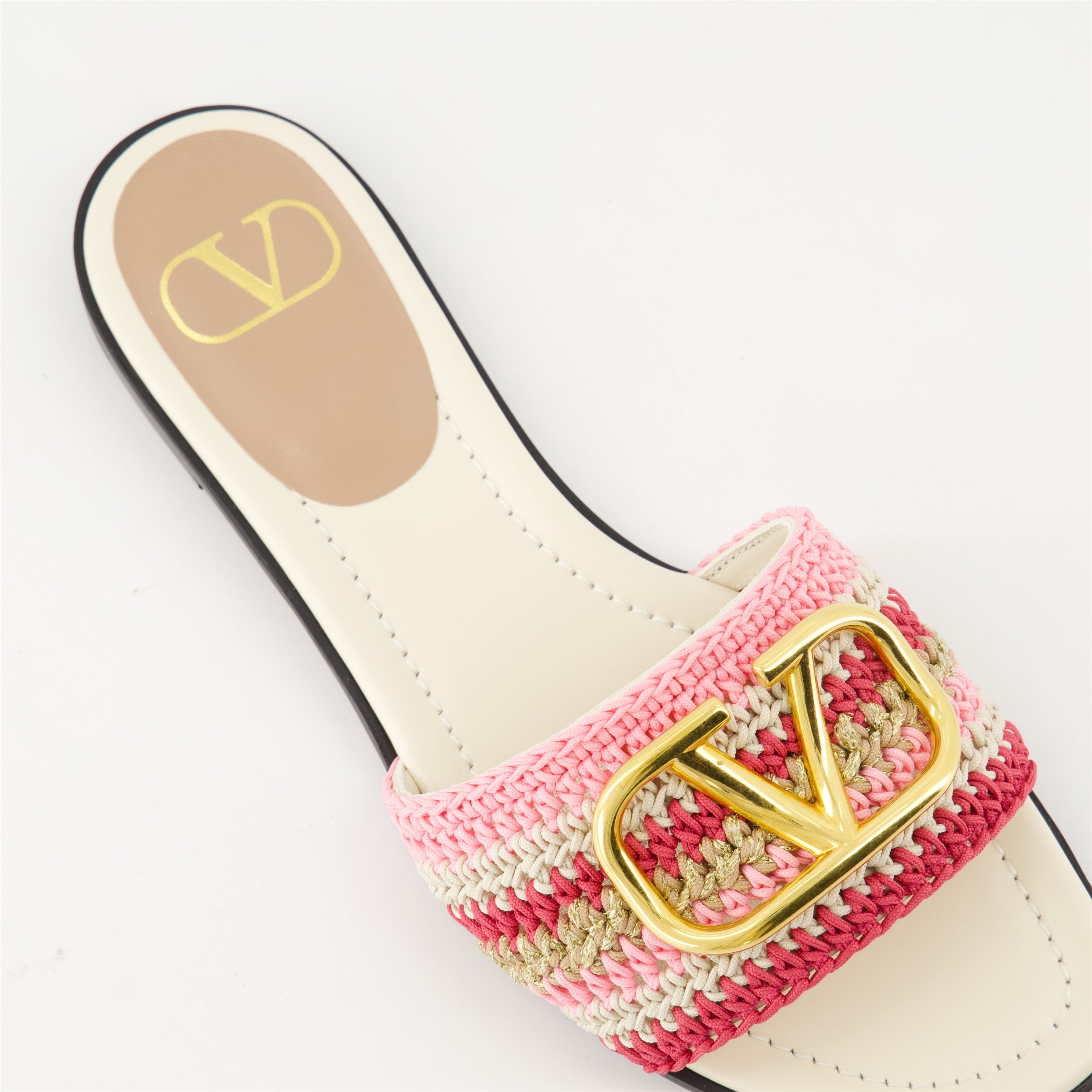 crochet sandals, pink VLogo sandals, embroidered footwear, elegant slide sandals, summer chic sandals