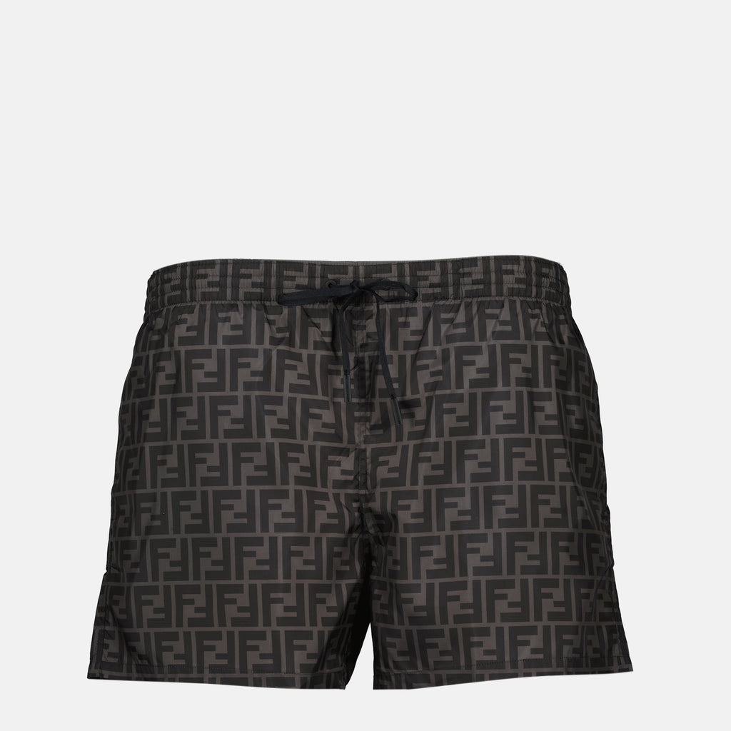 Imagem dos calções de banho cinza FF da Fendi para homens - Temporada Primavera-Verão 2026 - Vista frontal