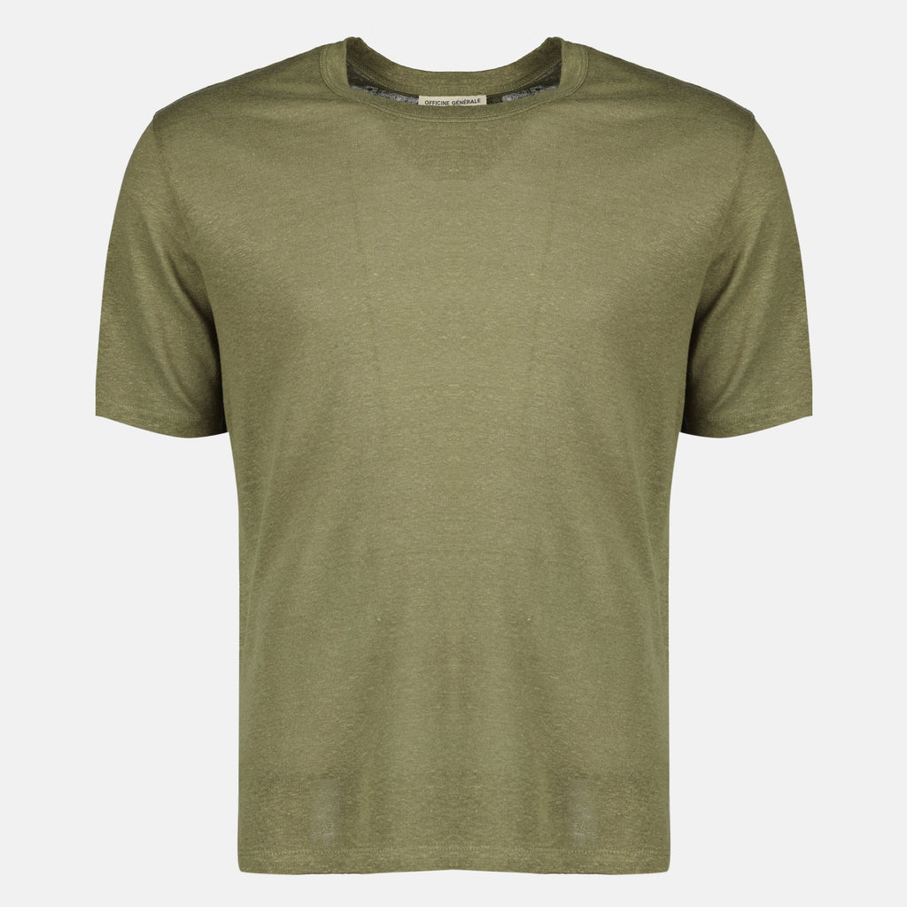 Imagem da T-shirt em linho caqui da Officine Générale para homens - Temporada Primavera-Verão 2026 - Vista Frontal