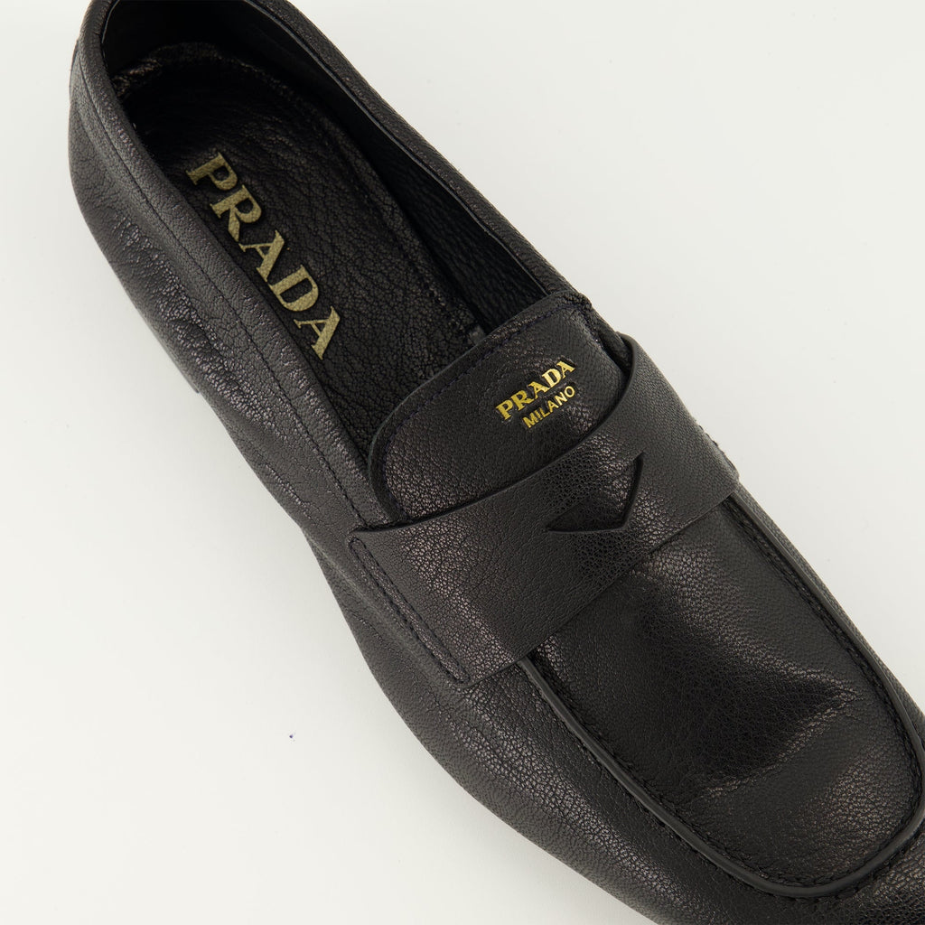 Prada moccasins, black leather shoes, designer footwear, luxury shoes, goat leather moccasins