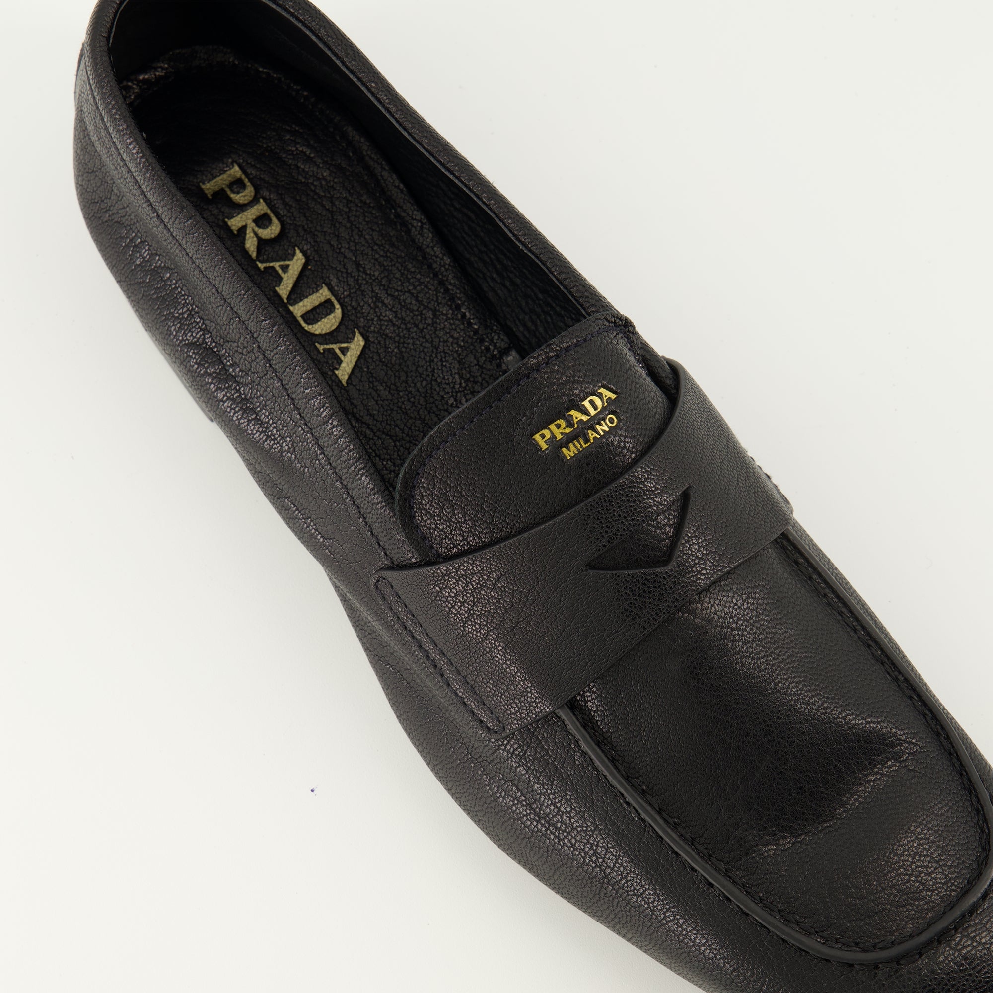 Prada moccasins, black leather shoes, designer footwear, luxury shoes, goat leather moccasins