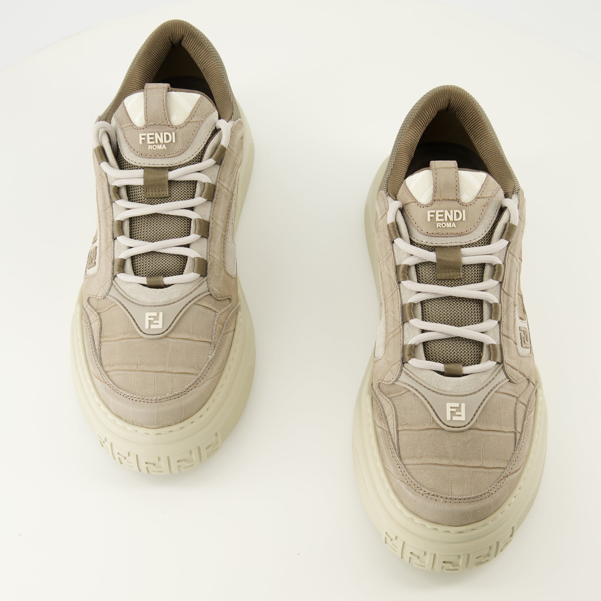 Fendi sneakers, calfskin shoes, grey athletic footwear, luxury sneakers, crocodile effect