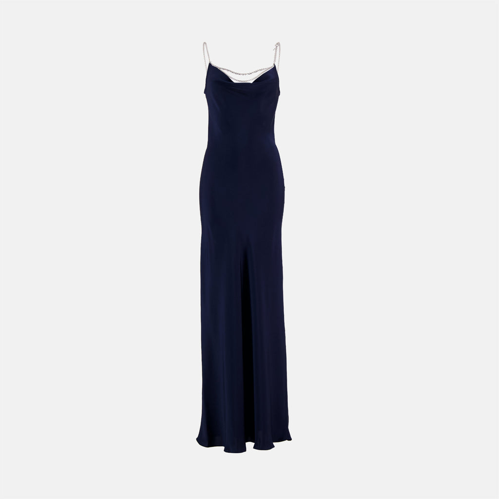 satin long dress, navy blue dress, Rabanne dress, evening dress, women's fashion