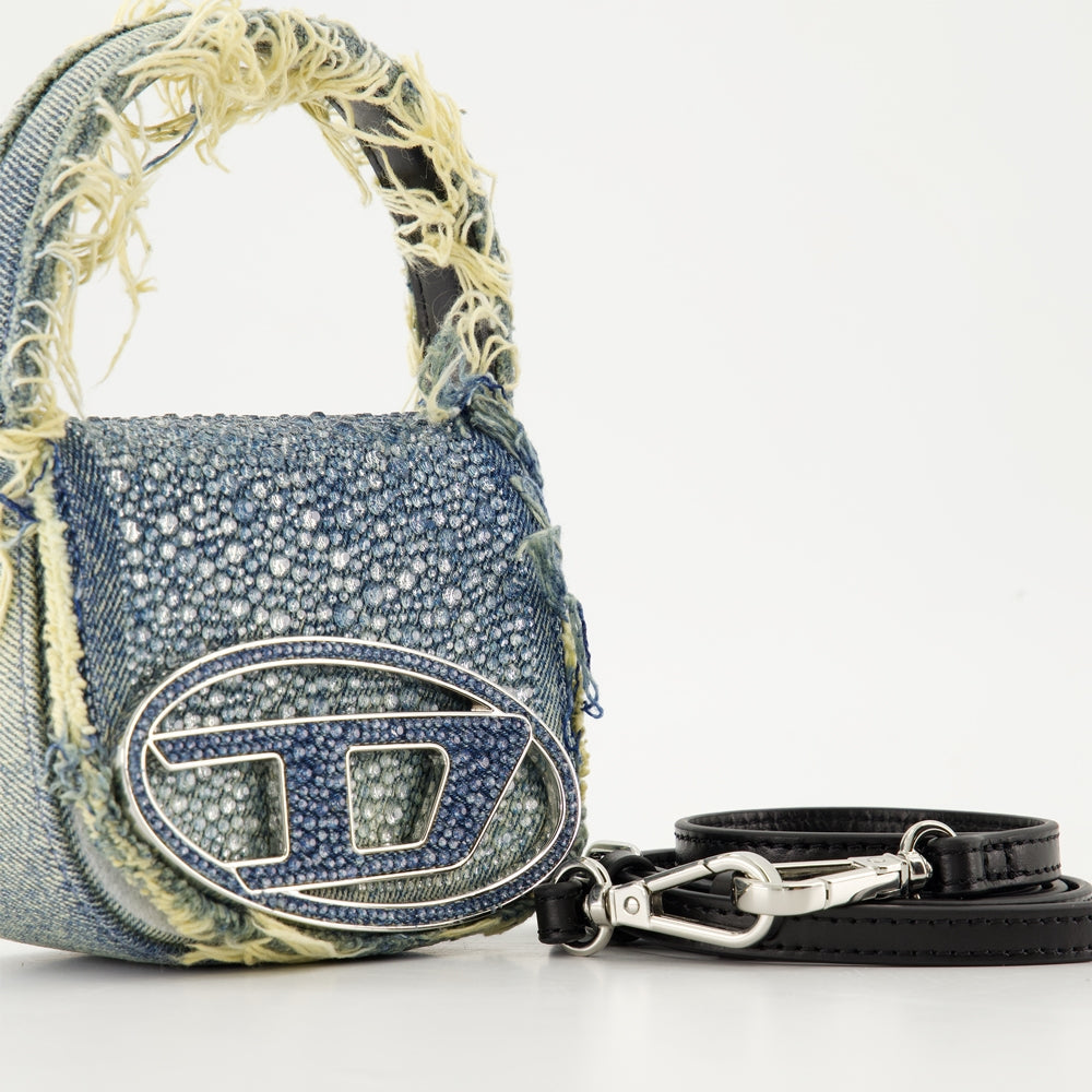 Diesel denim bag, strass shoulder bag, XS denim bag, luxury denim accessory, Diesel 1DR XS