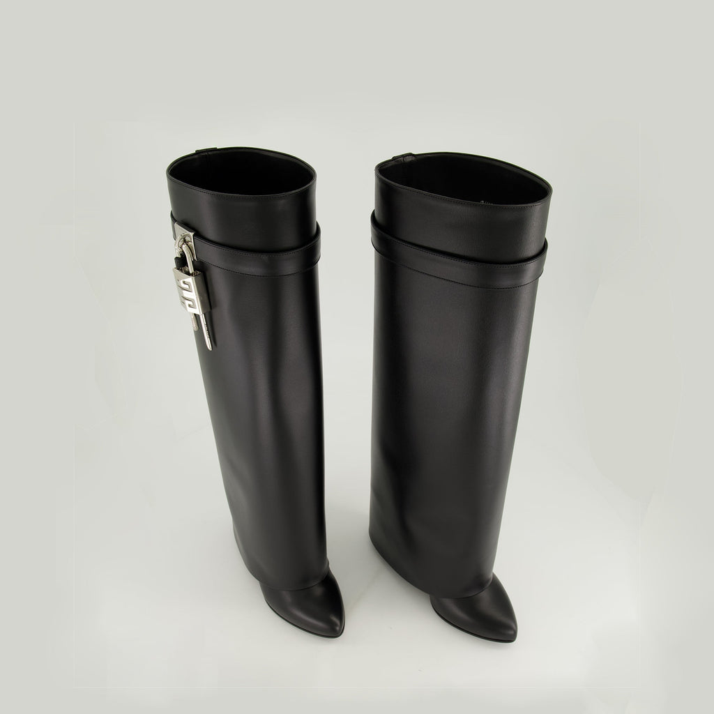 Givenchy Shark Lock boots, black leather boots, wedge heel boots, luxury footwear, designer footwear