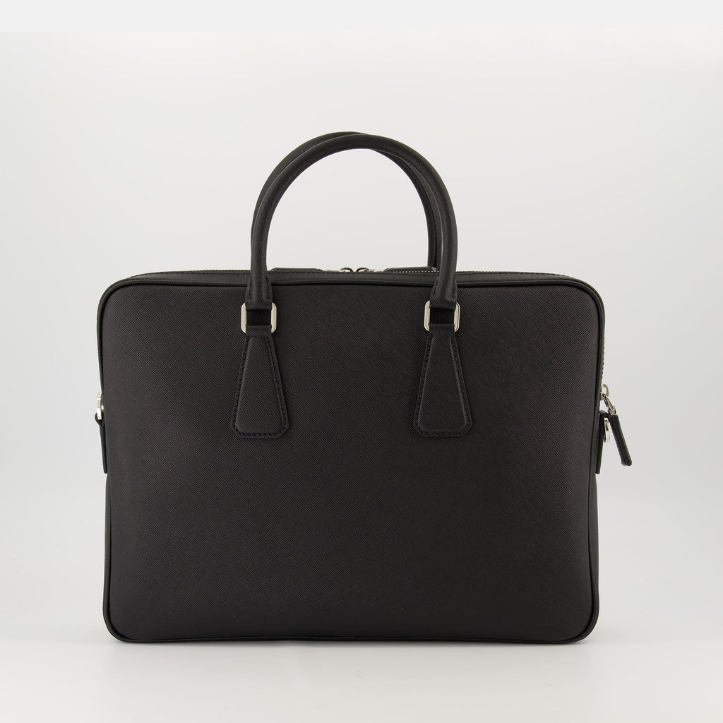 Prada briefcase, Saffiano leather bag, black leather briefcase, luxury leather accessories, designer briefcase