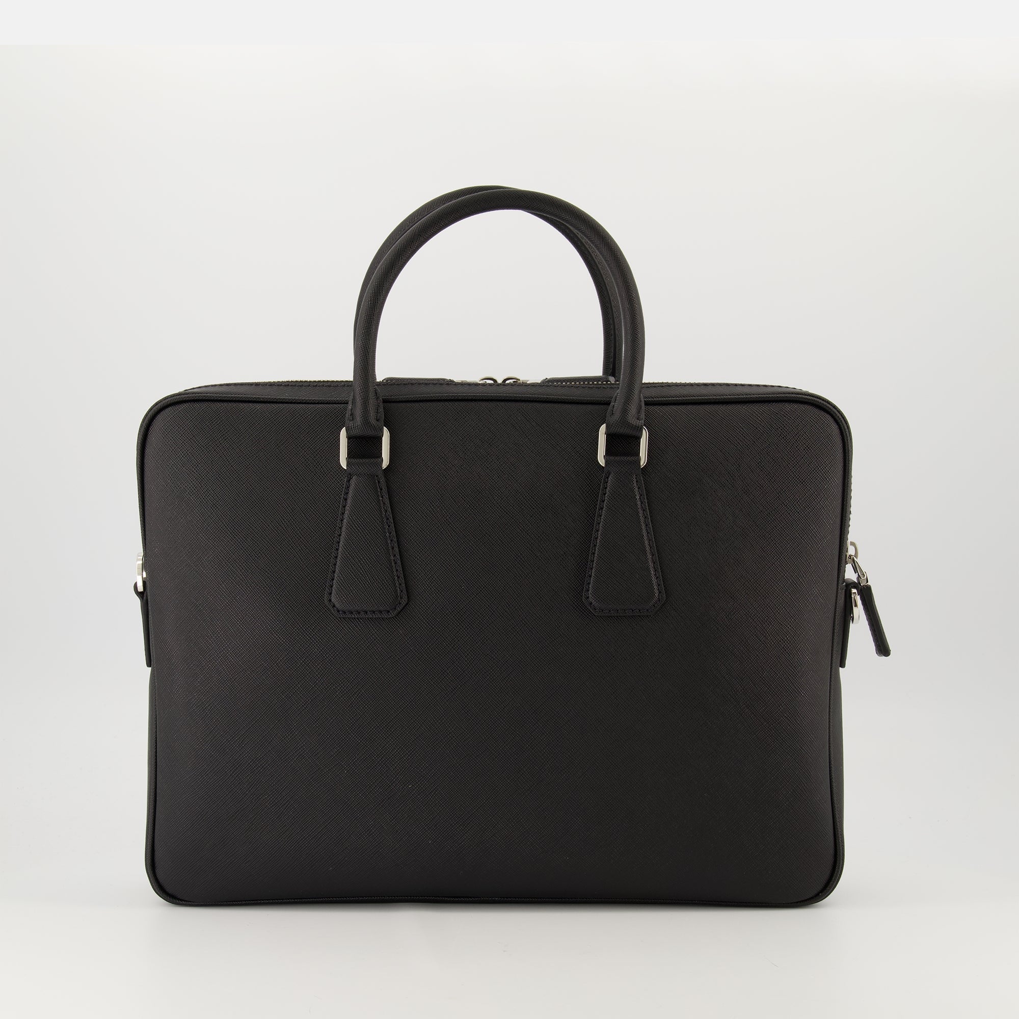 Prada briefcase, Saffiano leather bag, black leather briefcase, luxury leather accessories, designer briefcase