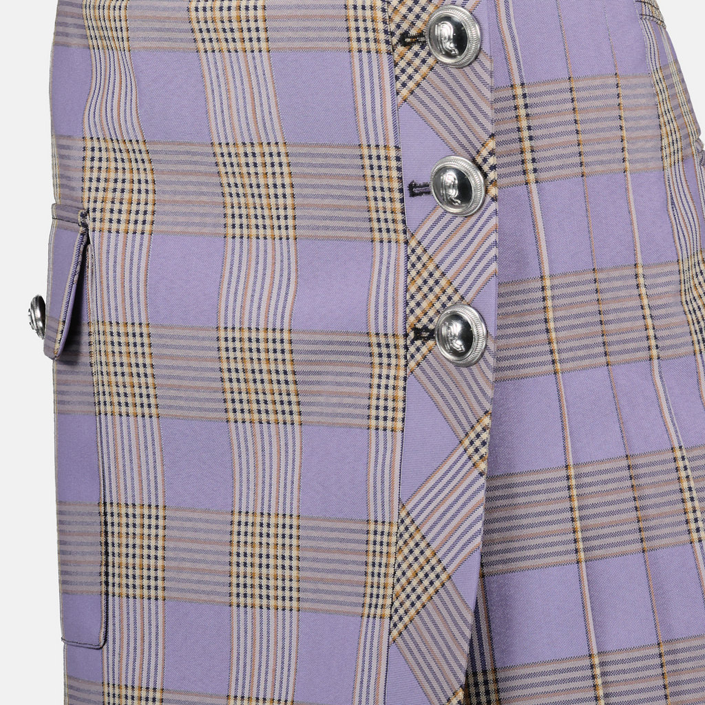 purple mini skirt, checkered skirt, women's fashion, Rabanne apparel, Spring-Summer collection