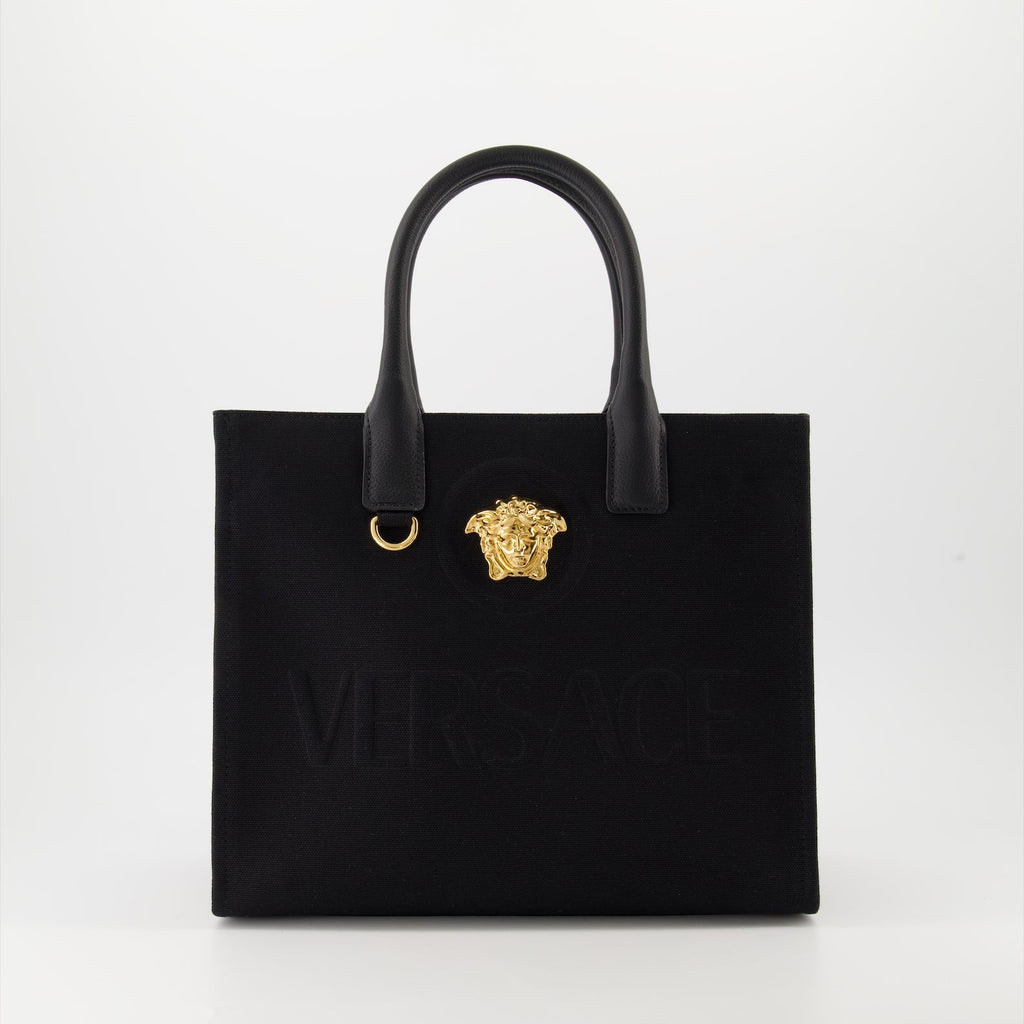Versace tote bag, La Medusa bag, luxury canvas tote, black tote bag, designer tote bag