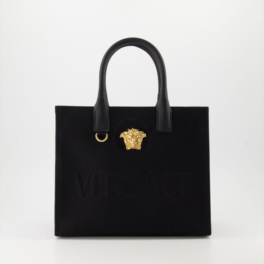 Versace tote bag, La Medusa bag, luxury canvas tote, black tote bag, designer tote bag