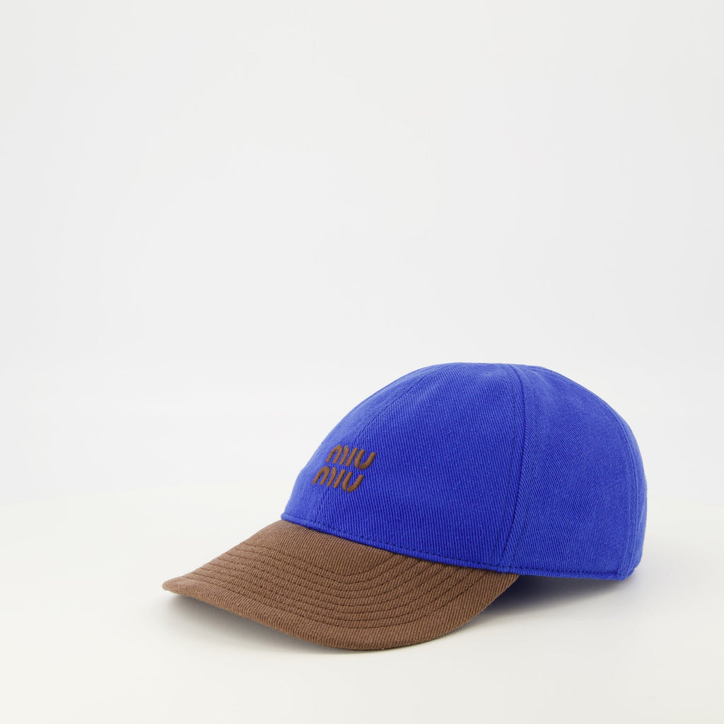 denim cap, Miu Miu cap, blue and brown cap, cotton cap, embroidered logo cap