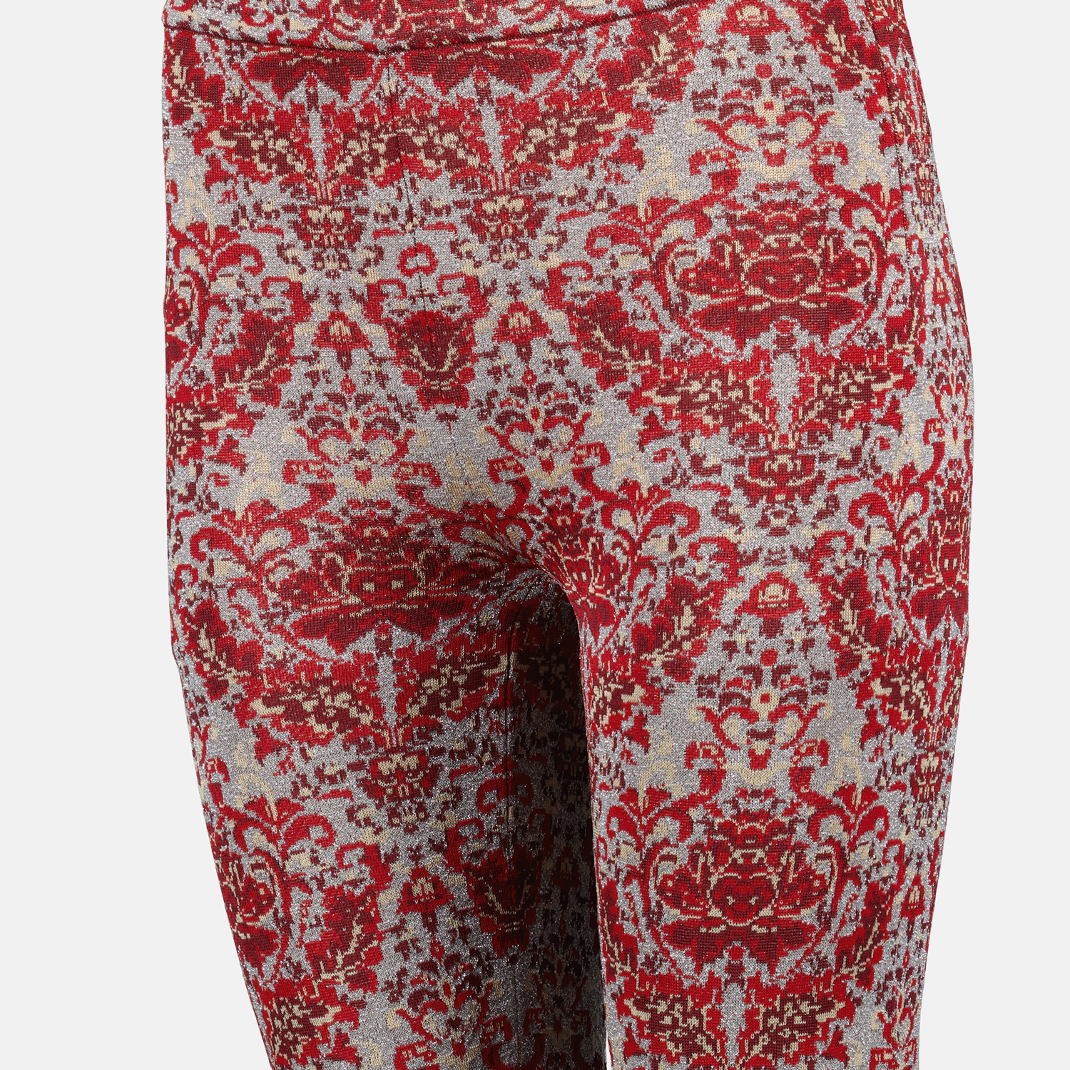 red printed pants, slim fit trousers, metallic effect pants, women's fashion, Rabanne pants