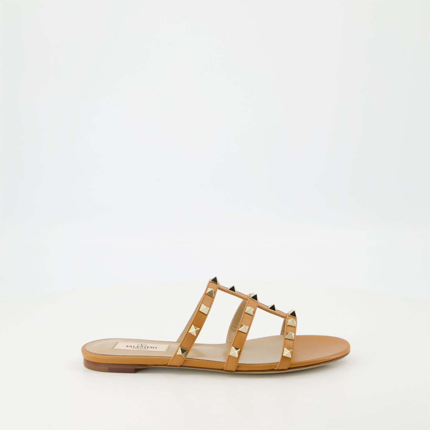 Valentino sandals, Camel leather sandals, Rockstud shoes, Platinum studded sandals, Open-toe leather footwear