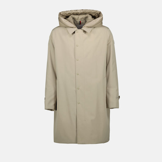 long beige coat, Moncler coat, spring summer collection, men’s outerwear, adjustable hood coat