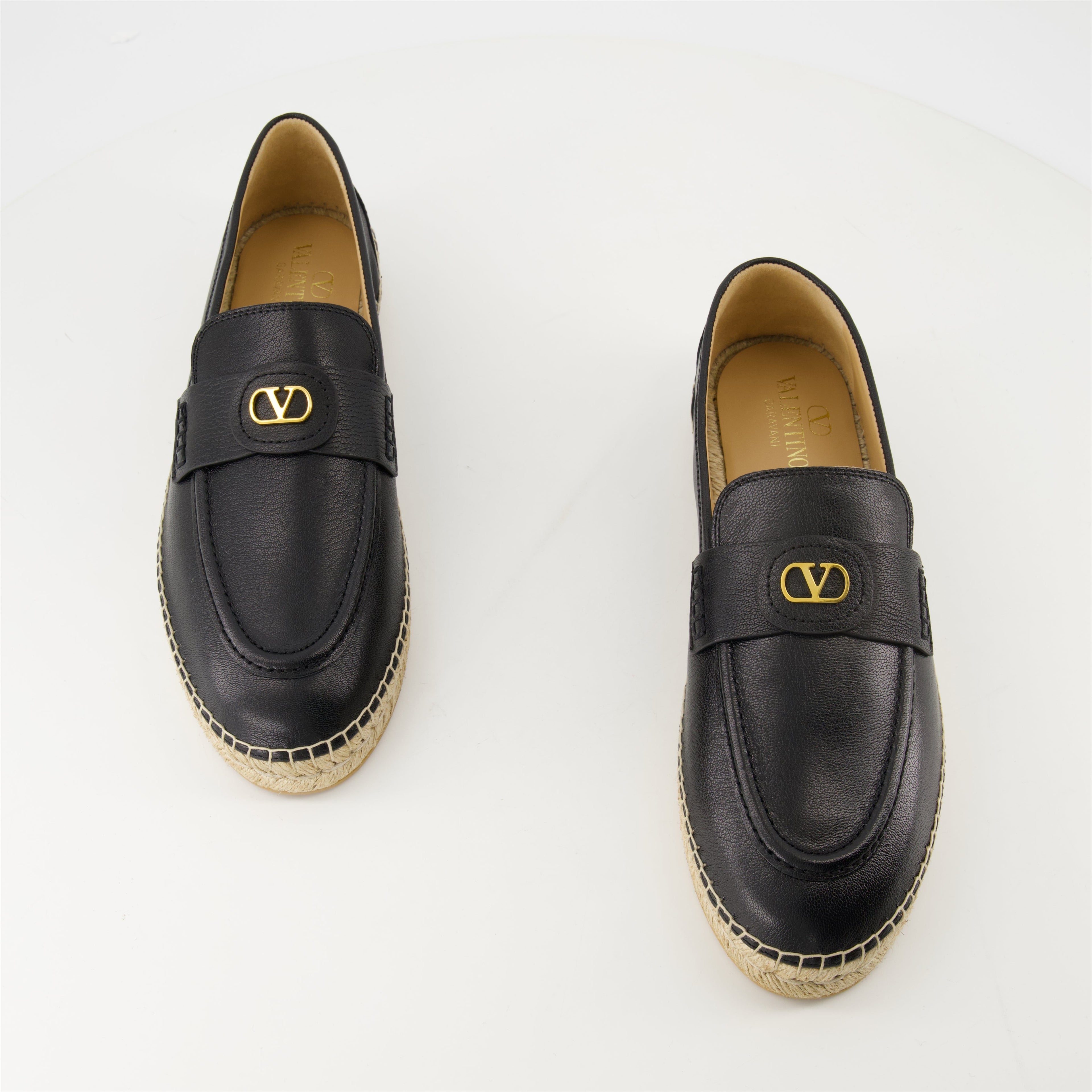 black leather espadrilles, VLogo espadrilles, designer footwear, slip-on espadrilles, Valentino Garavani