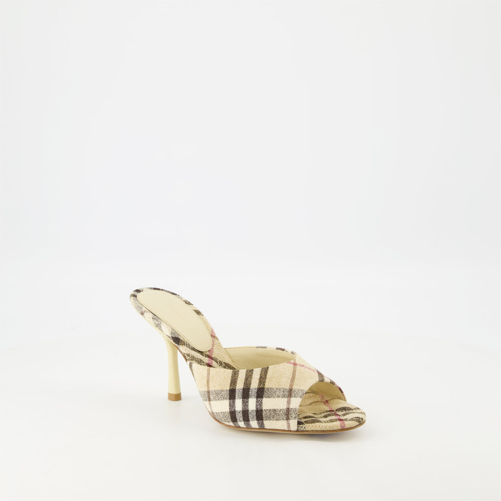 checkered mules, heeled mules, open toe shoes, linen footwear, vintage print mules