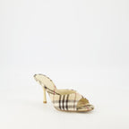 checkered mules, heeled mules, open toe shoes, linen footwear, vintage print mules