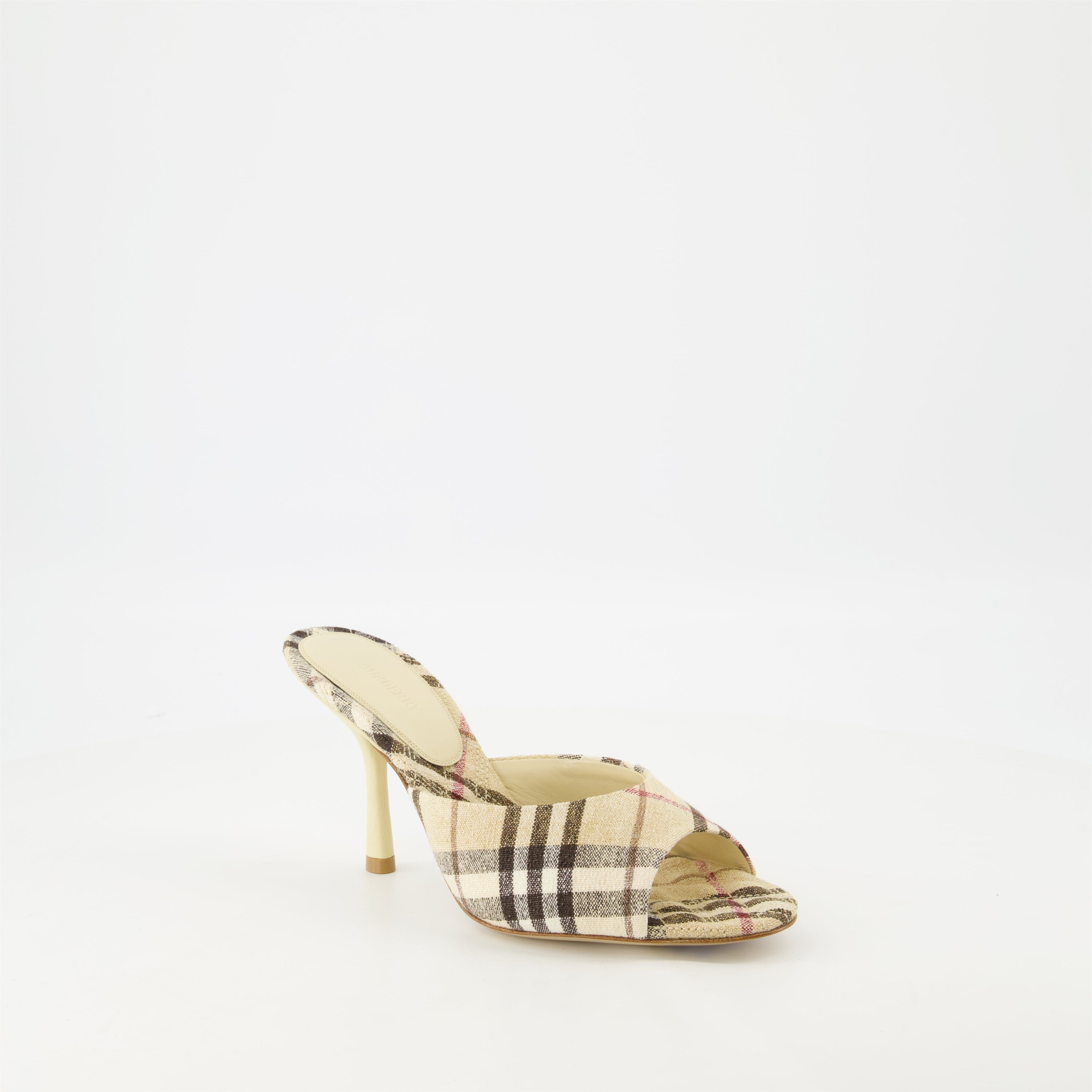 checkered mules, heeled mules, open toe shoes, linen footwear, vintage print mules