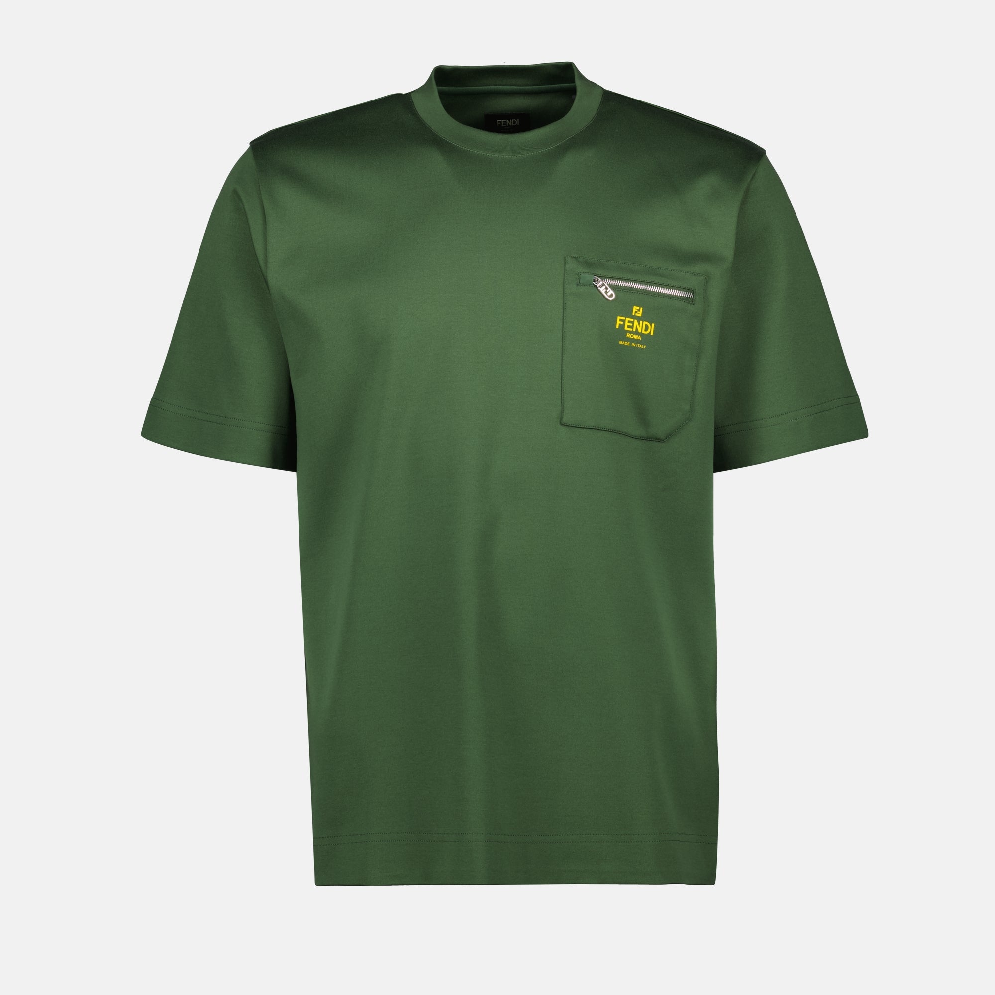 Fendi T-shirt, cotton t-shirt, khaki t-shirt, round neck t-shirt, zipper pocket t-shirt