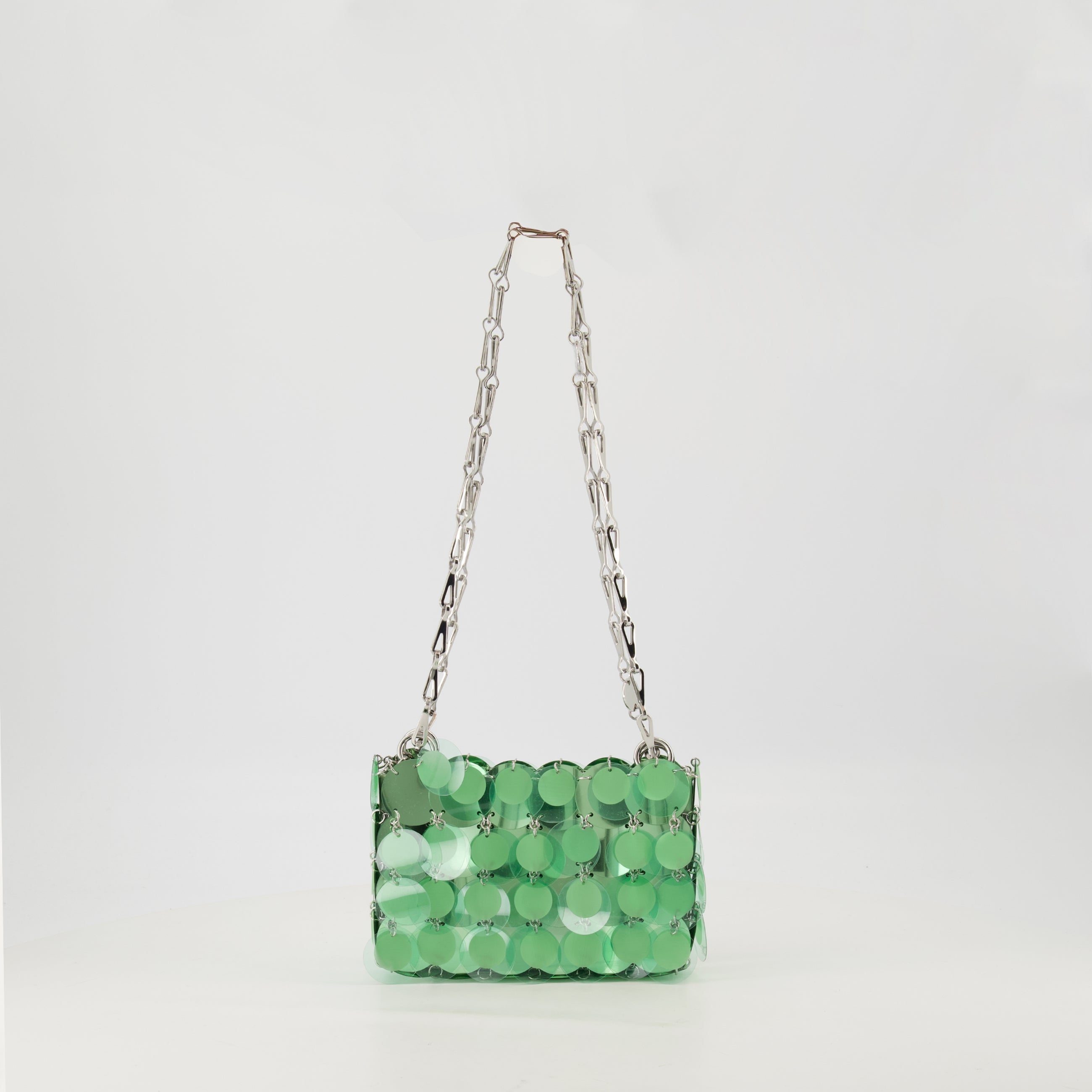 Sparkle handbag, Rabanne accessories, green and silver bag, chain shoulder bag, designer handbags