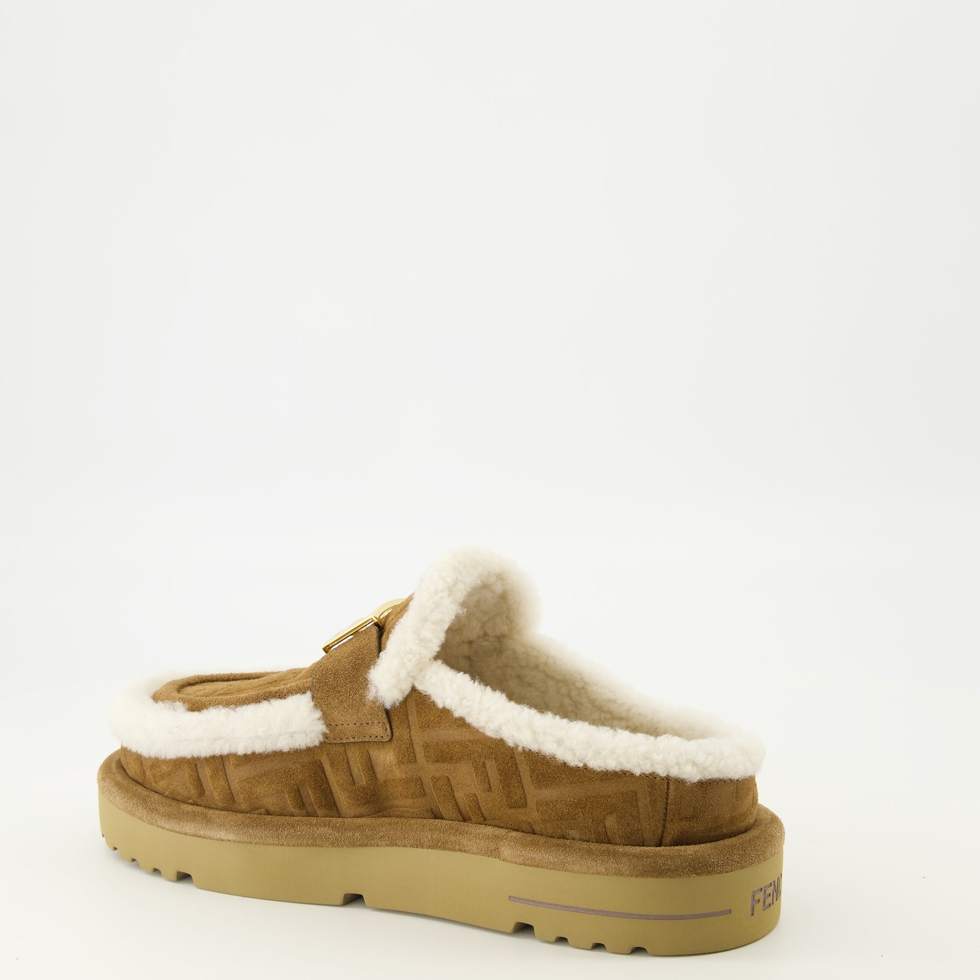brown clogs, suede footwear, Fendi collection, winter shoes, après-ski clogs