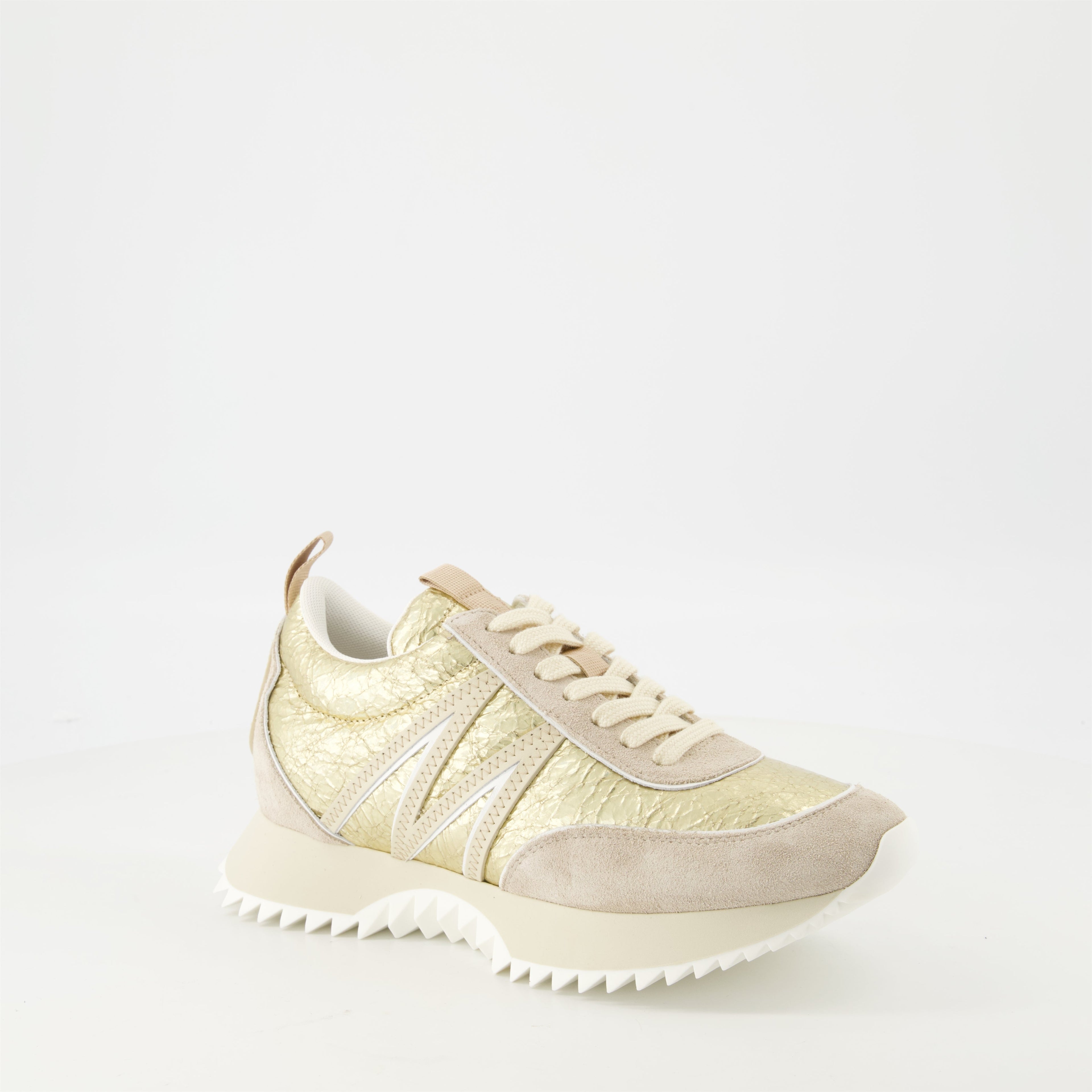 Pacey leather sneakers, Moncler footwear, metallic gold sneakers, women's fashion shoes, casual leather sneakers