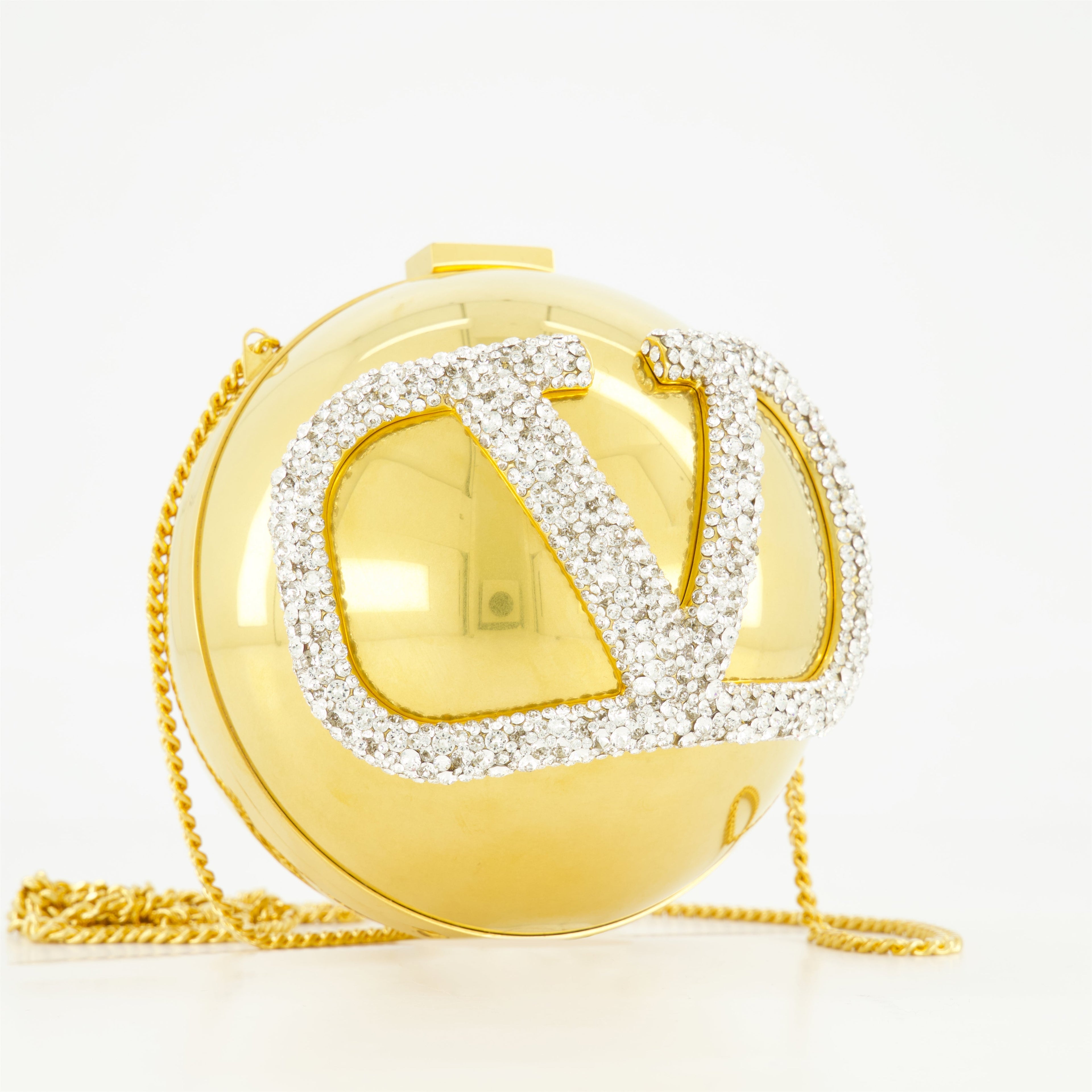 VLogo minaudière, Swarovski crystals, Valentino Garavani, elegant accessory, gold minaudière