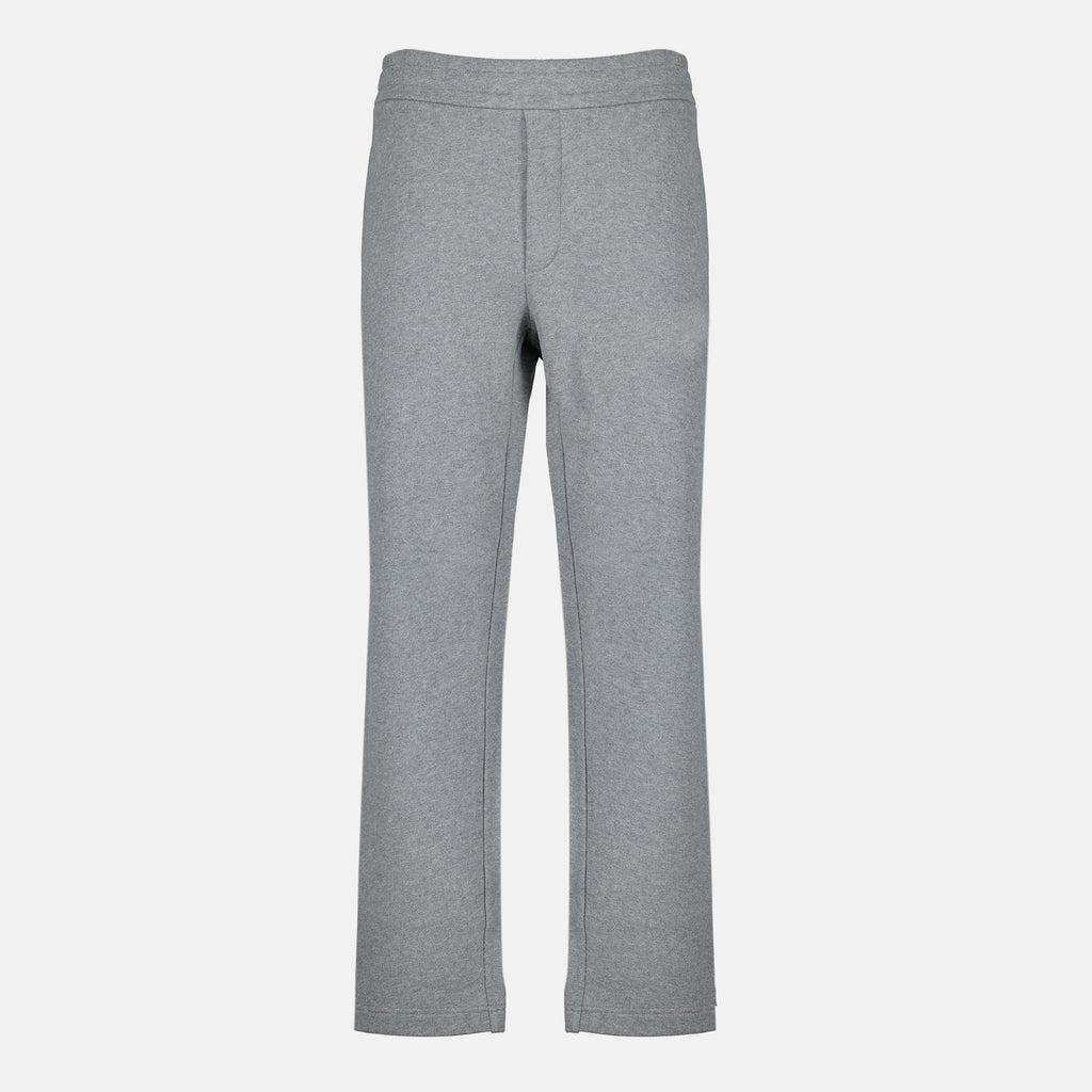 Moncler jogging bottoms, gray athletic wear, cotton fleece joggers, leather detail pants, casual stylish trousers