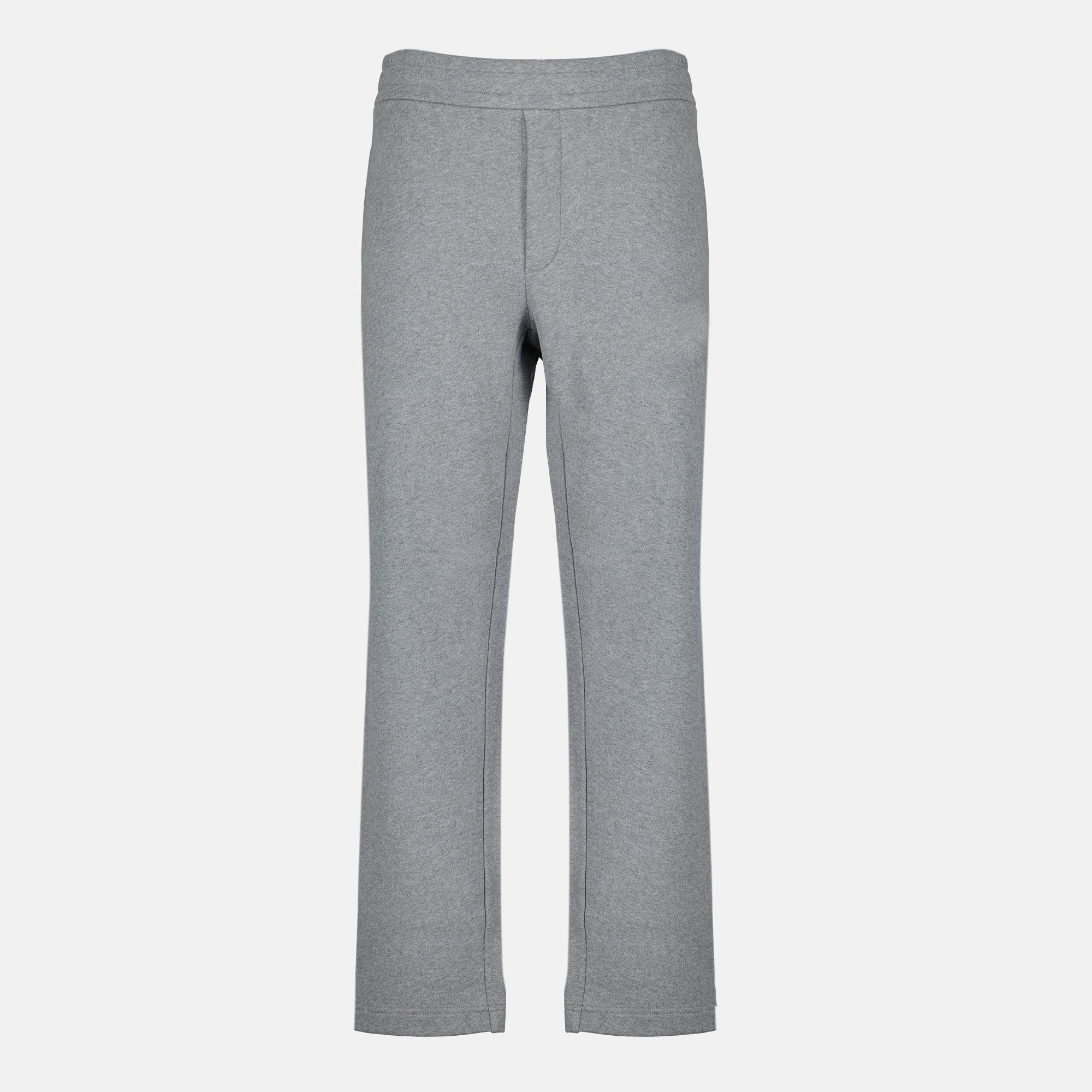 Moncler jogging bottoms, gray athletic wear, cotton fleece joggers, leather detail pants, casual stylish trousers