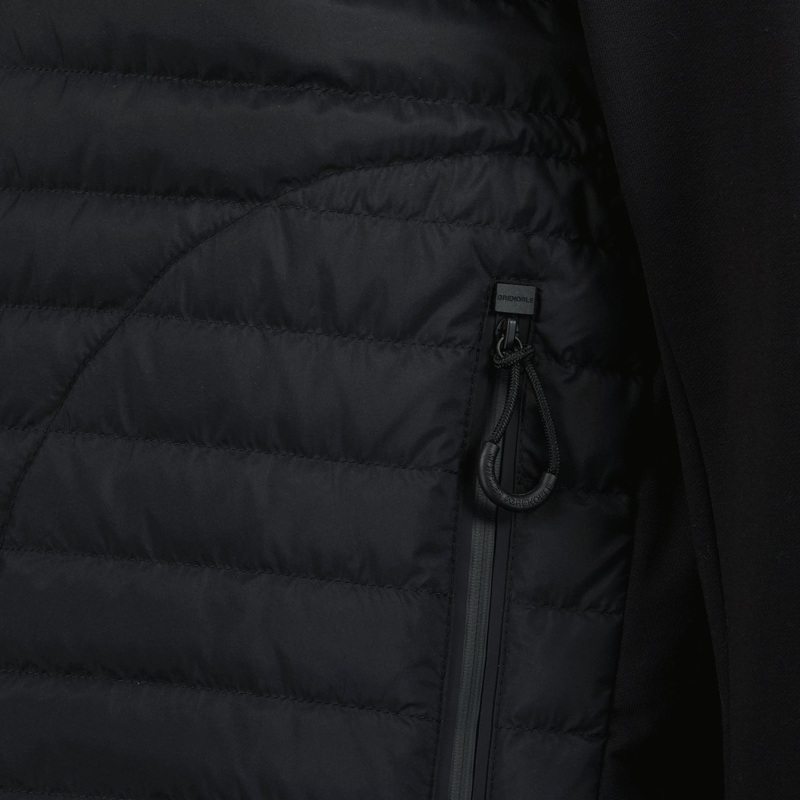 black quilted jacket, Moncler Grenoble jacket, women's outerwear, stylish zip jacket, luxury fashion