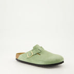 Green Suede Mules, Birkenstock Boston, Luxury Footwear, Fall-Winter Collection, Comfortable Mules