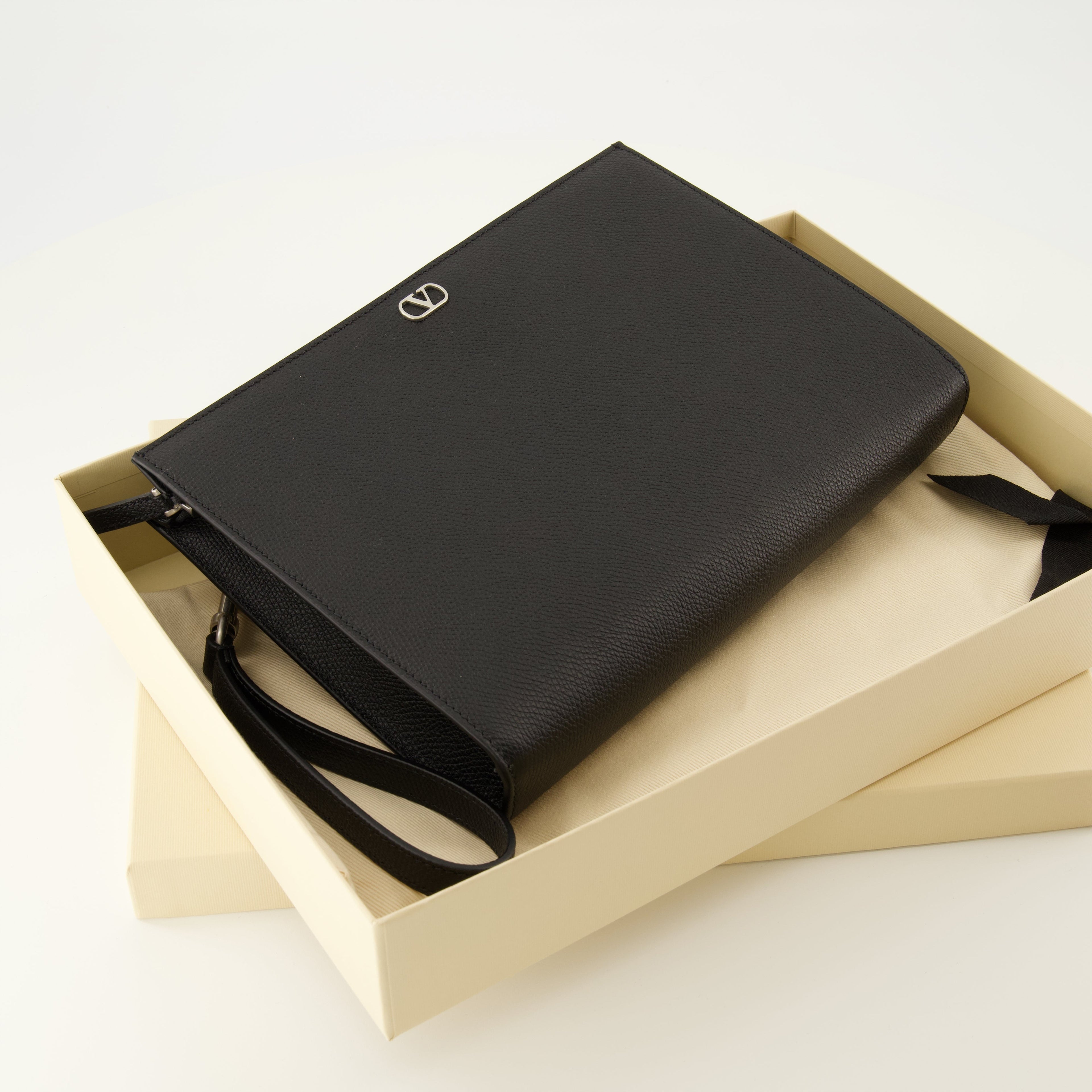 VLogo Pouch, Valentino accessory, textured leather pouch, black leather pouch, designer zip pouch