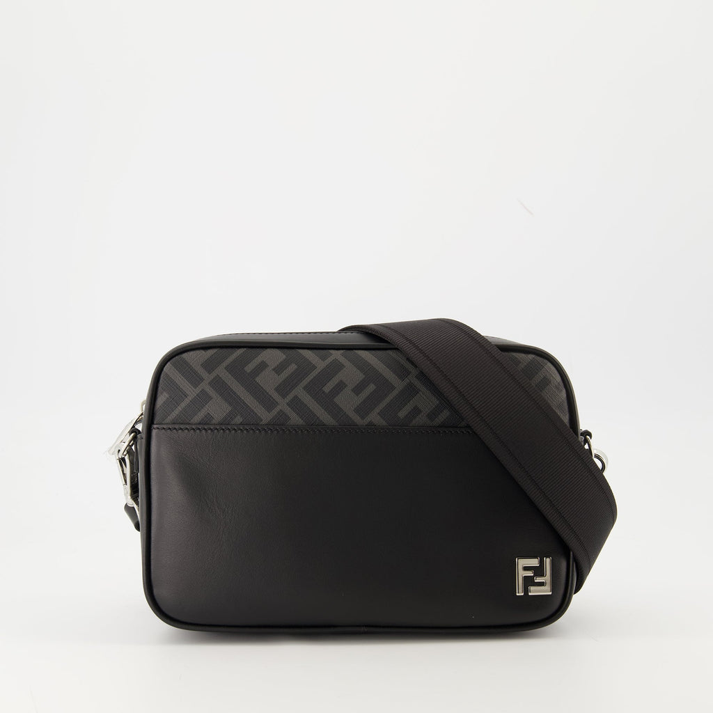 Fendi Camera Bag, Black Leather Bag, Embroidered Canvas Accessory, Adjustable Shoulder Strap, Metallic Logo Bag
