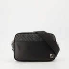 Fendi Camera Bag, Black Leather Bag, Embroidered Canvas Accessory, Adjustable Shoulder Strap, Metallic Logo Bag