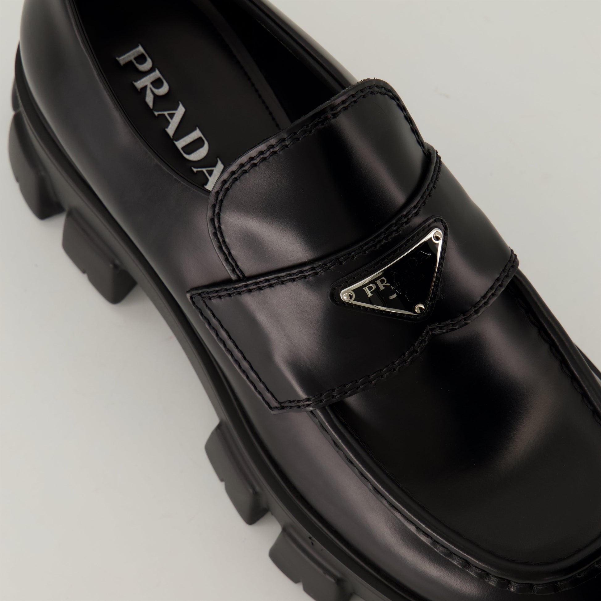 Black Leather Moccasins, Chunky Sole Shoes, Rubber Sole Footwear, Enamelled Logo Moccasins, Autumn-Winter 2024 Shoes