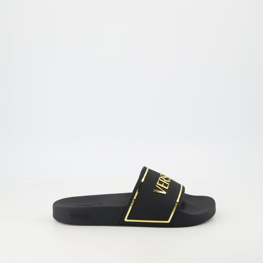 gold logo slides, Versace slides, comfortable rubber footwear, contemporary slides, stylish casual footwear