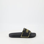 gold logo slides, Versace slides, comfortable rubber footwear, contemporary slides, stylish casual footwear