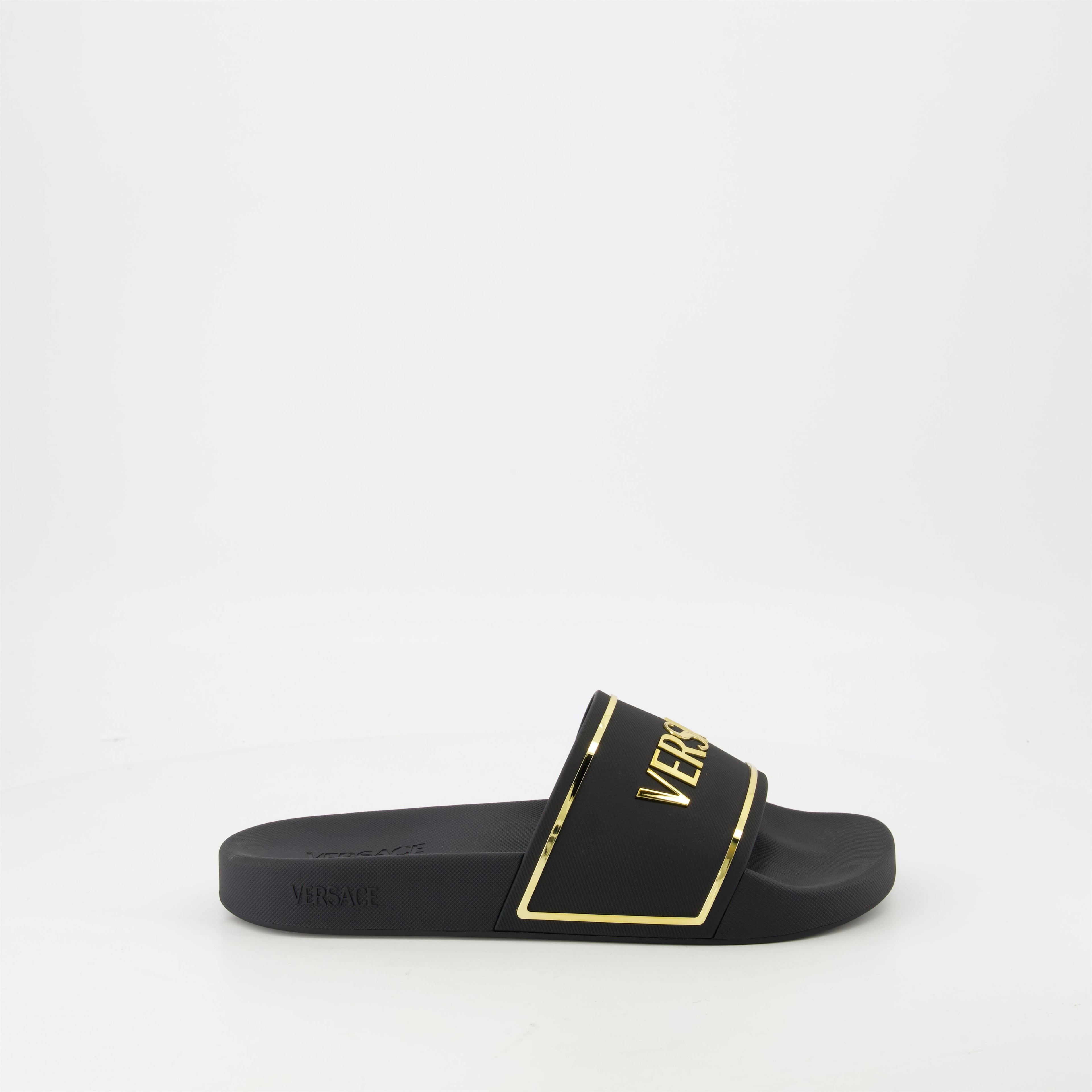 gold logo slides, Versace slides, comfortable rubber footwear, contemporary slides, stylish casual footwear