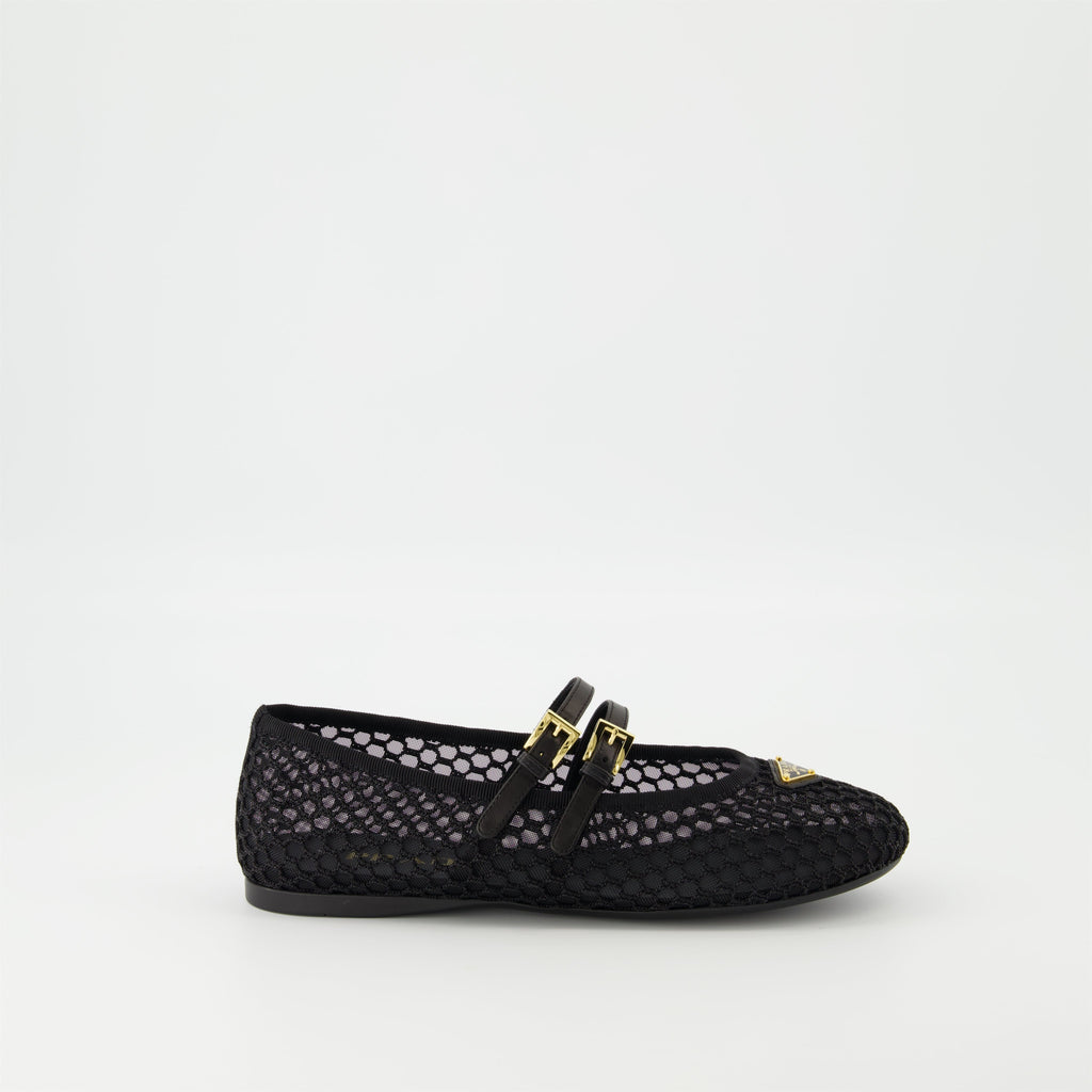 black mesh ballerinas, Prada shoes, stylish flats, rubber sole ballerinas, adjustable strap footwear