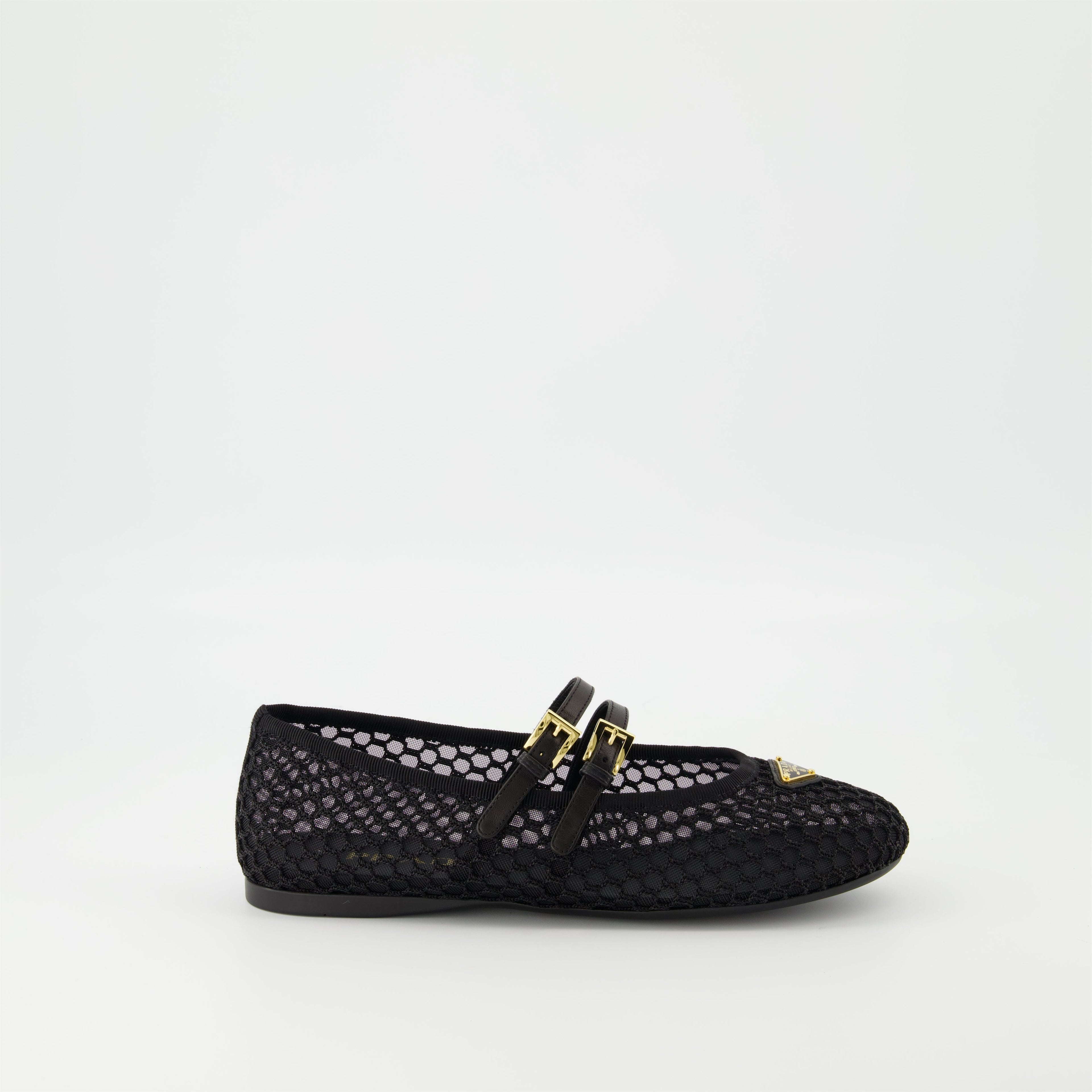 black mesh ballerinas, Prada shoes, stylish flats, rubber sole ballerinas, adjustable strap footwear