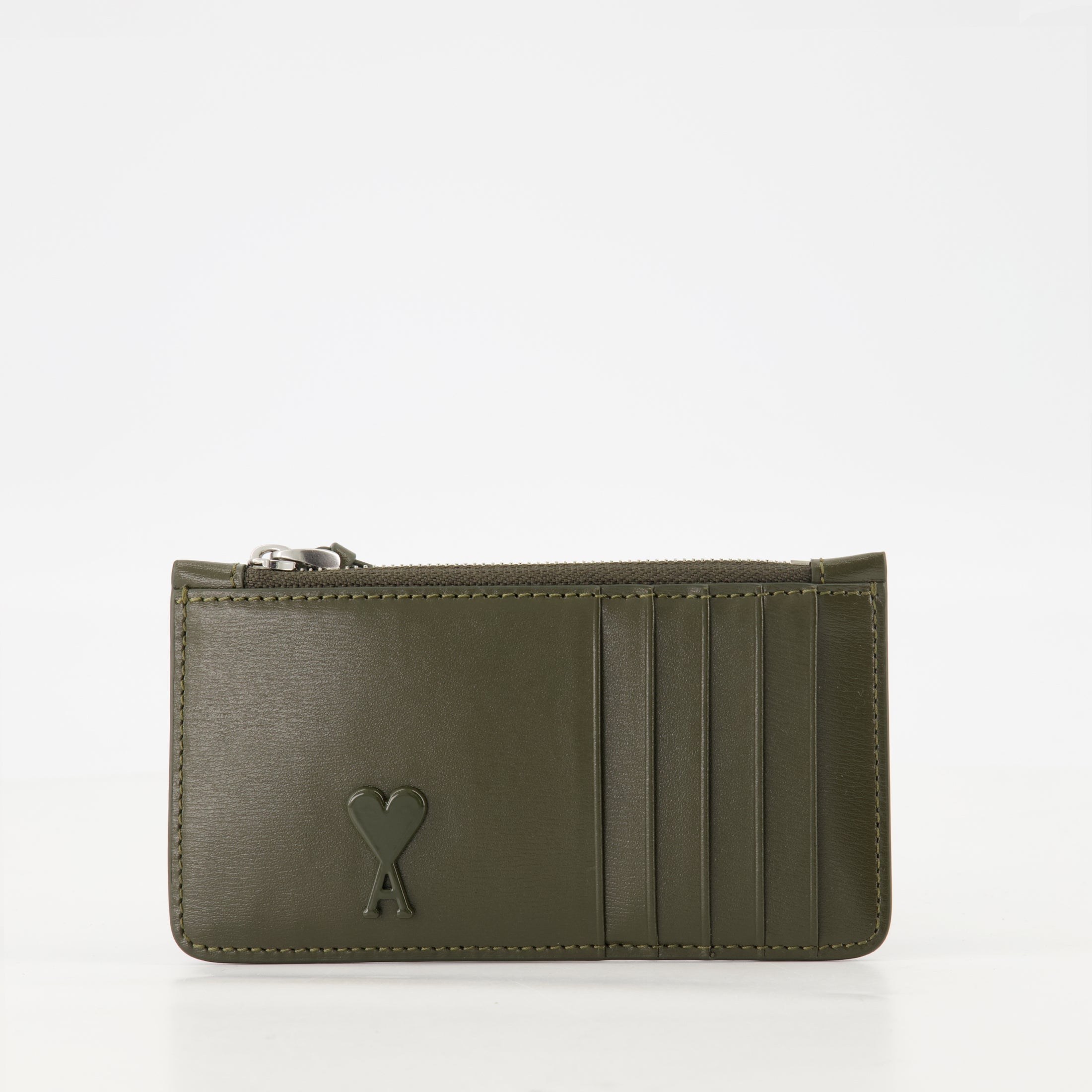AMI de coeur, zipped cardholder, khaki leather accessory, unisex cardholder, Spring-Summer 2025 collection