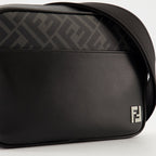Fendi Camera Bag, Black Leather Bag, Embroidered Canvas Accessory, Adjustable Shoulder Strap, Metallic Logo Bag