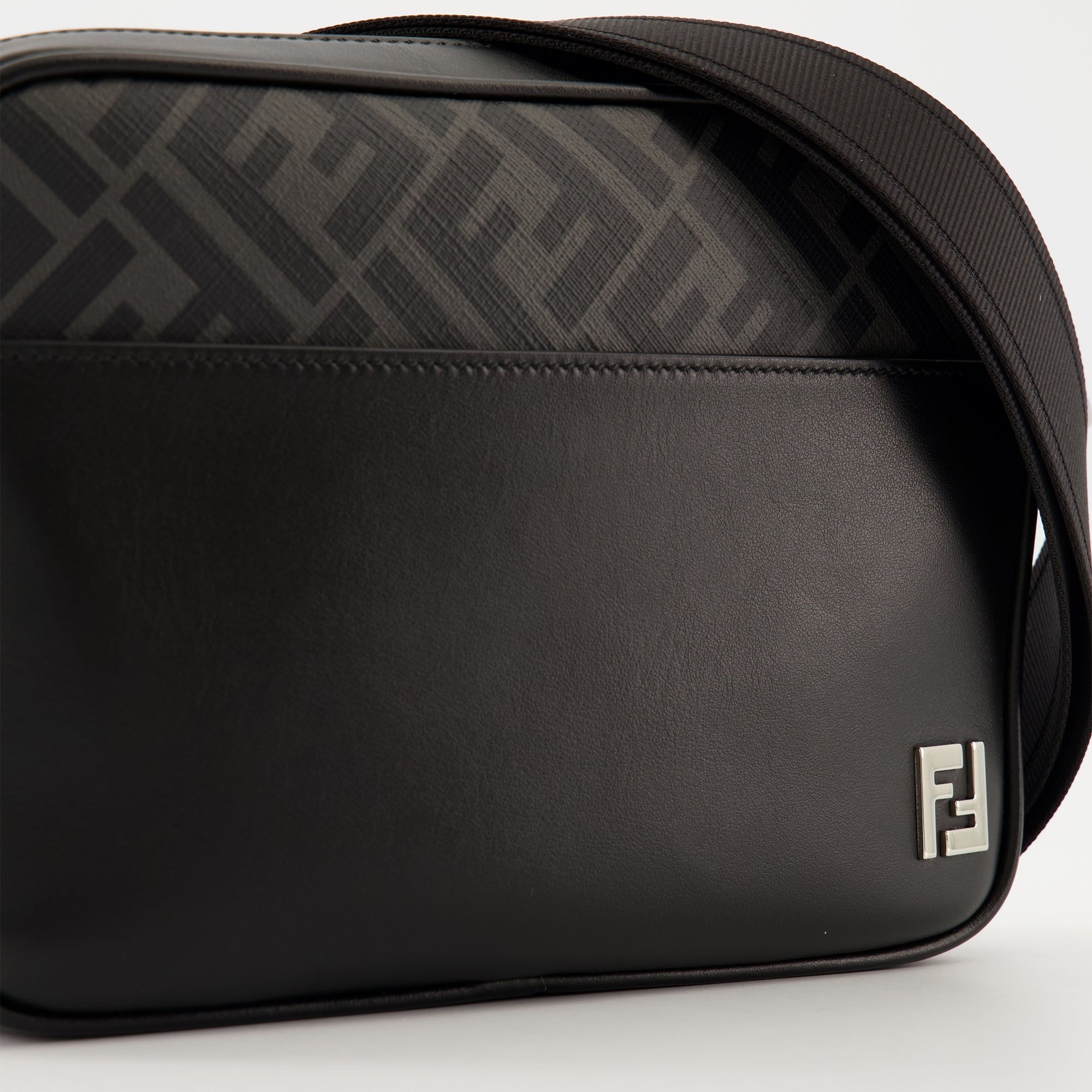Fendi Camera Bag, Black Leather Bag, Embroidered Canvas Accessory, Adjustable Shoulder Strap, Metallic Logo Bag