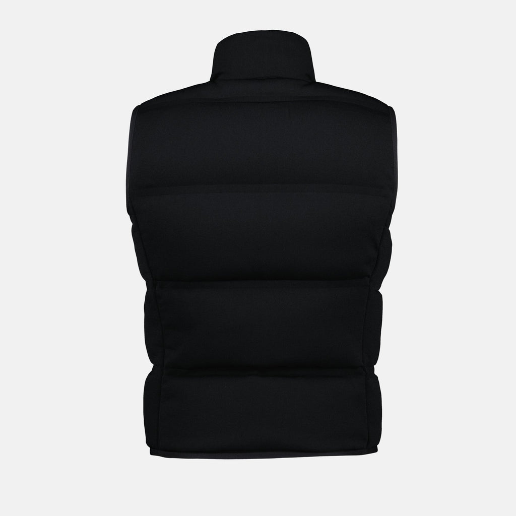 black sleeveless jacket, Moncler, contemporary design, women's outerwear, nylon jacket